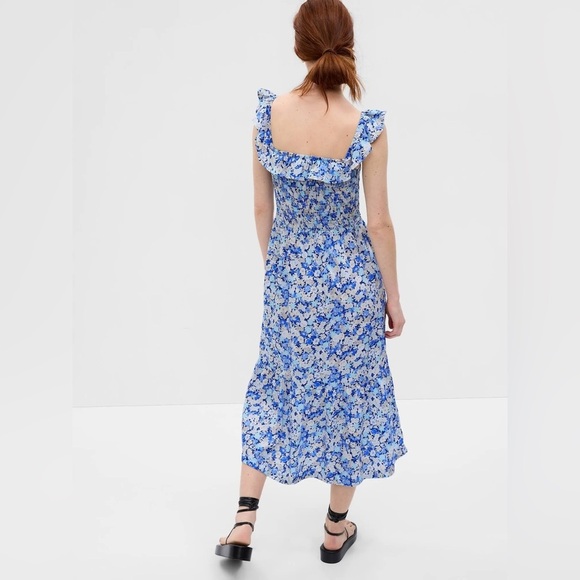 GAP Ruffle Neck Midi Dress Blue Floral Smocked Small Shirred Ruffle - Picture 8 of 14